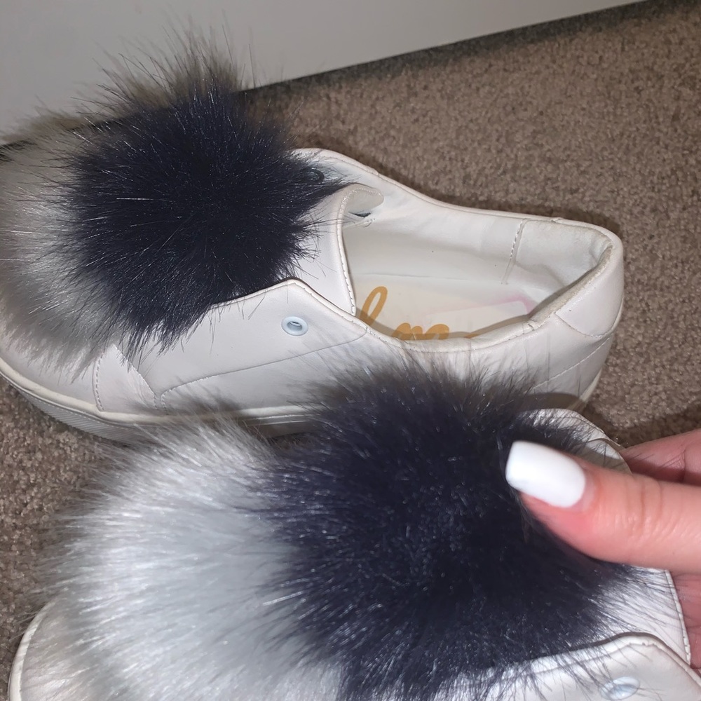 White Sam Edelman Sneakers with Grey and Navy Poms - Picture 4 of 10